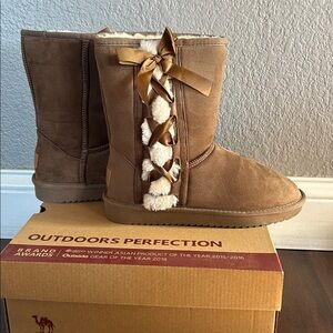Fuzzy faux fur lined faux suede snow boots with ribbon lace up bow detail